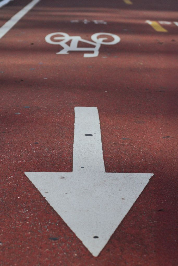 Bicycle path with clear directional arrows on a sunny day in São Paulo, Brazil.